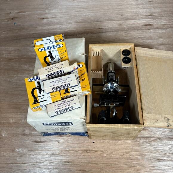 Other - VTG Perfect Microscope Model 804‎ Japan Turret 750X w/ Specimen Slides Wood Box